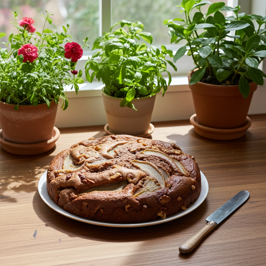 Homemade cake with pear and walnuts