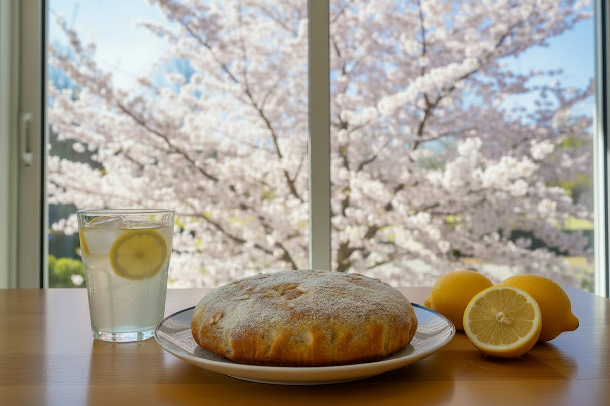 Vegan lemon cake with flaked almond on the top