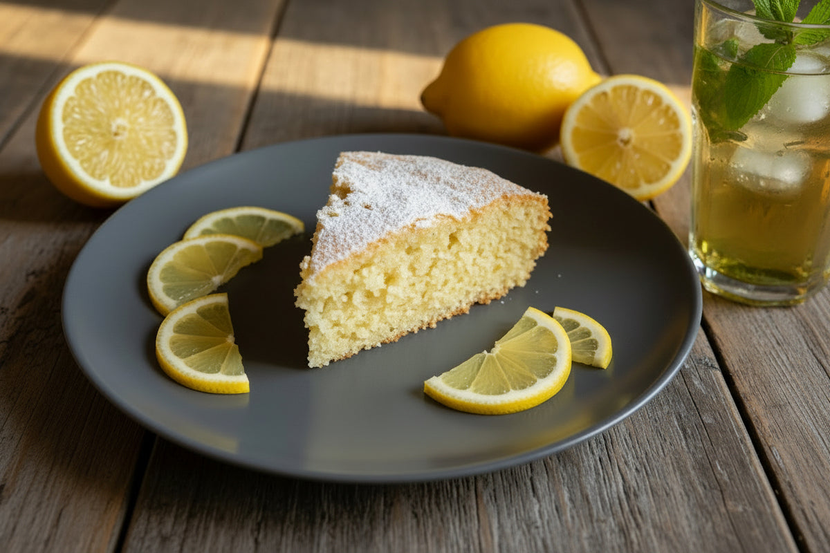 Vegan lemon cake with flaked almond on the top